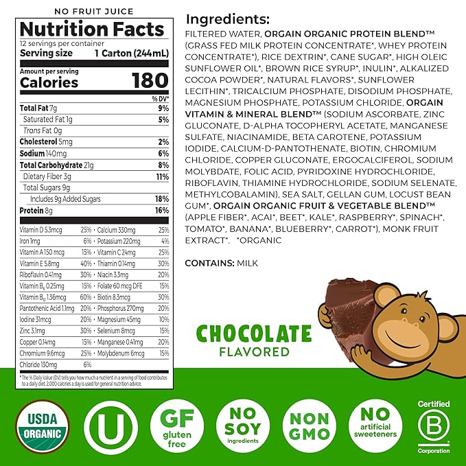 Orgain Organic Kids Nutritional Protein Shake, Chocolate, Healthy Kids Snacks, 8g Dairy Protein, 3g Fiber, 22 Vitamins & Minerals, No Soy Ingredients, Gluten Free, Non-GMO, 8.25 Fl Oz (Pack of 12)