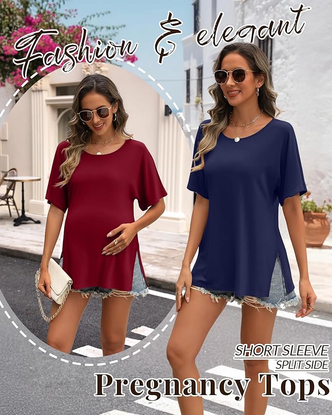 Riyiper 3 Pack Women's Maternity Tunic Shirts Cotton Summer Pregnancy Clothes Loose Oversized Split Side Blouse Tops