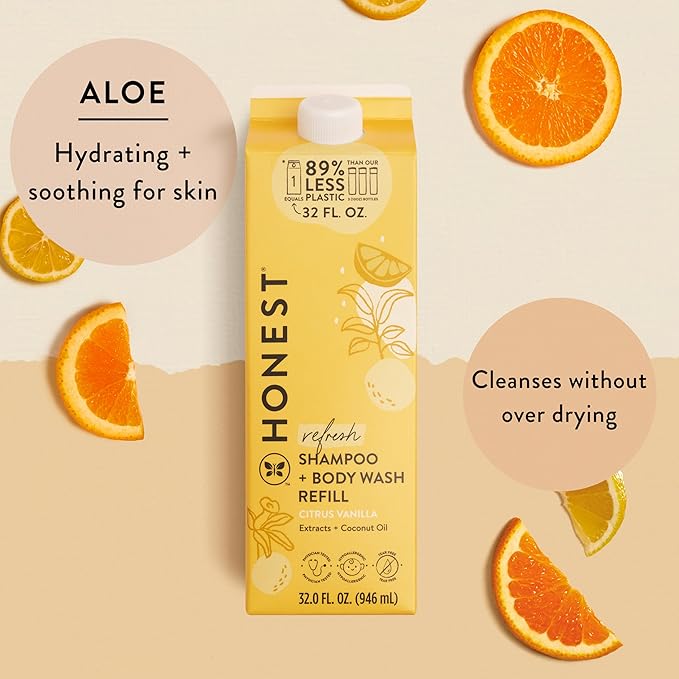 The Honest Company 2-in-1 Cleansing Shampoo Body Wash Refill Carton, Gentle for Baby, Naturally Derived, Tear-free, Hypoallergenic, Citrus Vanilla Refresh, 32 fl oz, (Pack of 2)
