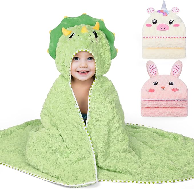 FIOBEE Toddler Bath Towel with Hood Baby Towels, 55x28 inch Large Soft Absorbent Kids Hooded Towels for 1-5 Years Old Baby Girls Boys Bath Beach Essentials Blanket, Green Dinosaur