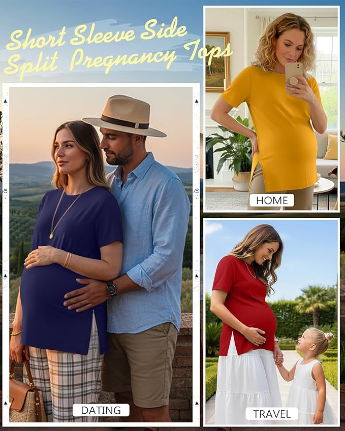 Ficerd 3 Pack Women's Maternity T Shirts, Short Sleeve Side Split Pregnancy Tops Casual Crew Neck Pregnant Tees Mama Clothes