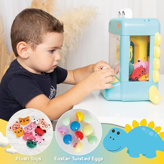 Claw Machine for Kids - Mini Arcade Game - Vending Machine - Candy Grabber Toys - Silent Mode, Lights, USB - Plush Toys & Easter Eggs, Surprise Stickers - Fun Gift for Kids, Boys & Girls (Dinosaur)