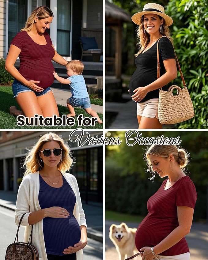 Neer 3 Pack Women's Ribbed Maternity Tops Pregnancy Round Neck Shirts Short Sleeve Soft Maternity Clothes for Mama