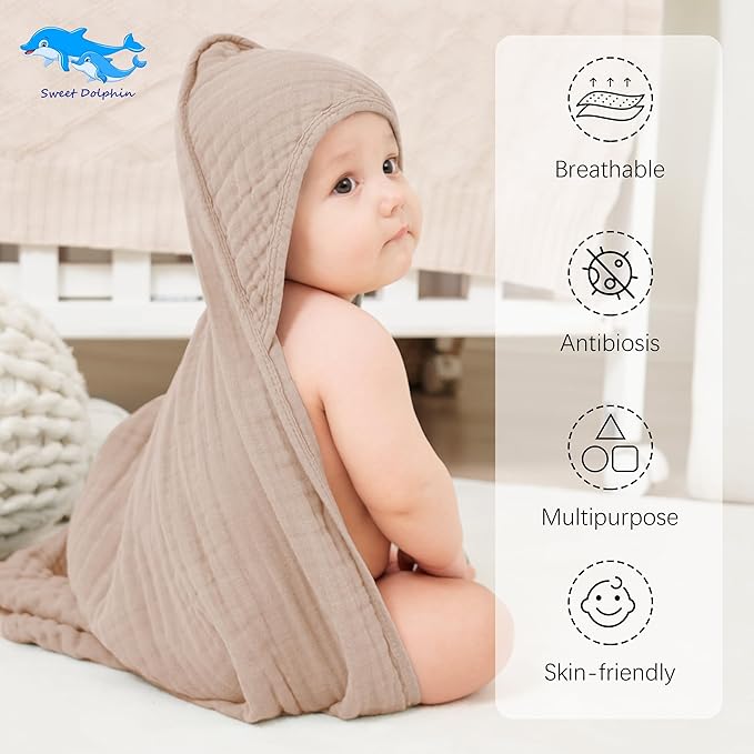 SWEET DOLPHIN Muslin Hooded Baby Bath Towels - 2 Pack 100% Cotton Towel for Babies, Infants, Toddlers - 32x32Inch - Highly Absorbent and Newborn Essential, Ivory and Brown