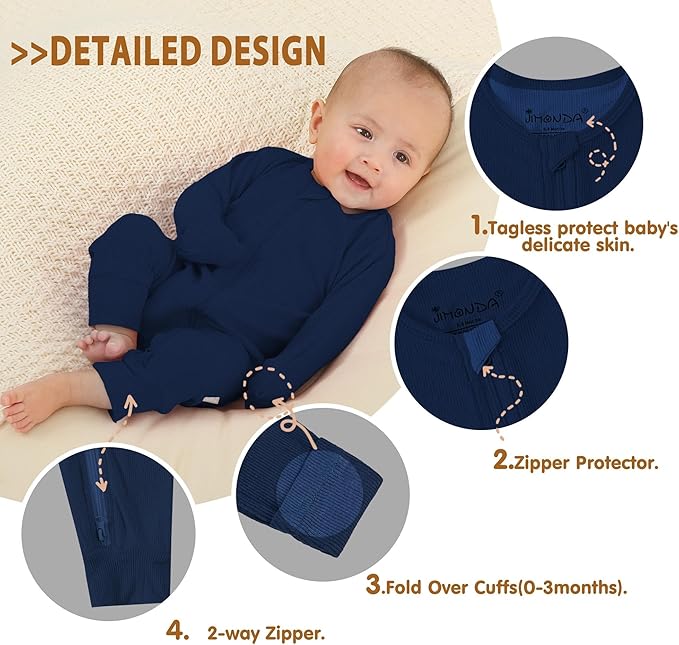 Jimonda Ribbed Rayon From Bamboo Baby Boys/Girls Sleepers, 2-Way Zipper Long Sleeve Footless Pajamas With Mittens Soft Pjs