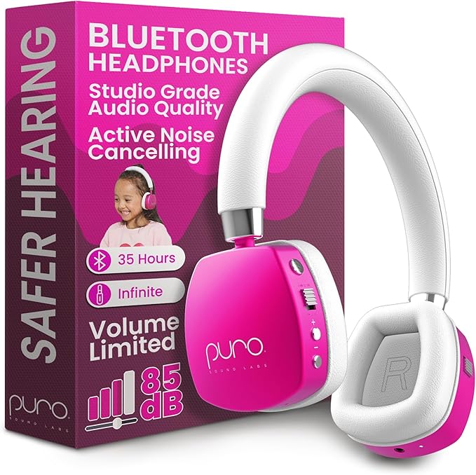 Puro Sound Labs Noise Cancelling Headphones for Kids - 85 dB Volume Limit, Built in Mic, 35-Hour Battery, Lightweight On Ear Design & Comfy Fit, Bluetooth Headphones for Kids – PuroQuiet Plus, Pink