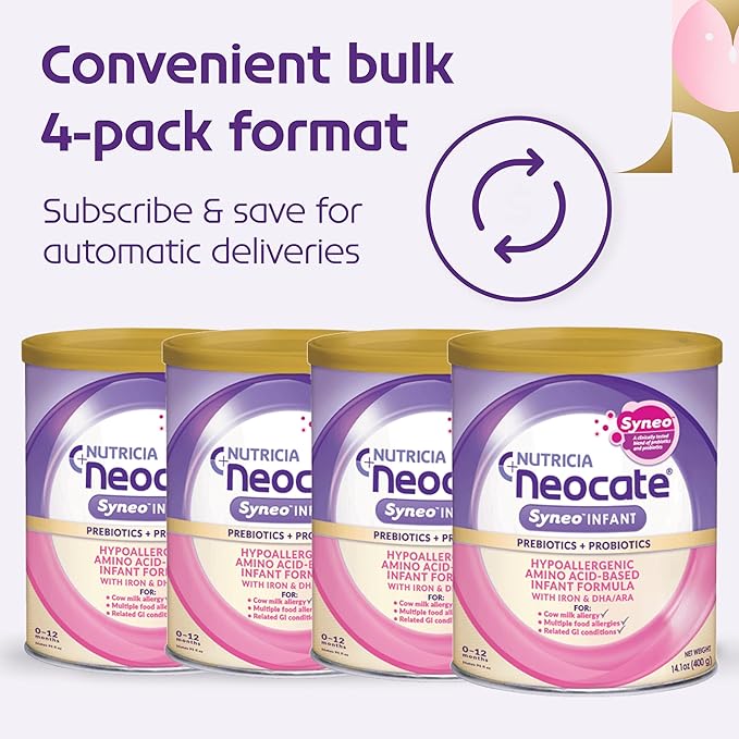 Neocate Syneo Infant - Hypoallergenic, Dairy-free, Amino Acid-Based Baby Formula with Prebiotic Fiber, Probiotics & DHA/ARA - Food Allergy-Friendly Formula - 14.1 oz (Pack of 4)
