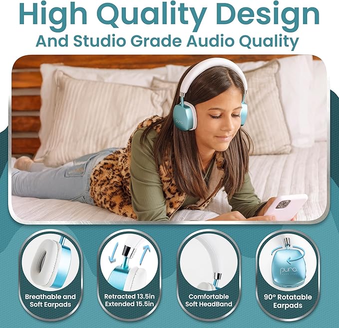 Puro Sound Labs Noise Cancelling Headphones for Kids - 85 dB Volume Limit, Built in Mic, 35-Hour Battery, Lightweight On Ear Design & Comfy Fit, Bluetooth Headphones for Kids – PuroQuiet Plus, Teal