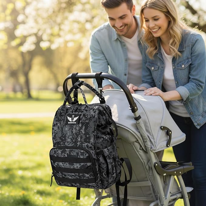 Diaper Bag Backpack with USB Charging Port Stroller Straps and Insulated Pocket,army military Travel Nappy Backpack for Dad/Mom (Black Camo)