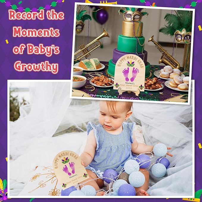 R HORSE 3D Baby's First Mardi Gras Footprint or Handprint Art Sign Craft, Happy Mardi Gras DIY Wooden Hanging Decoration, Newborn Keepsake Gift for Unisex Baby Carnival Party Photo Prop Nursery Decor