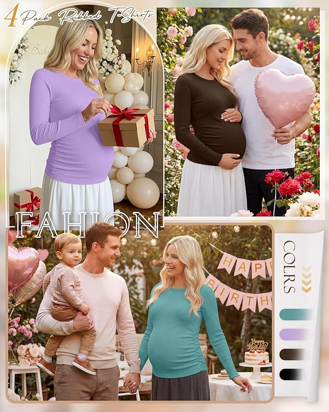 Ficerd 4 Pack Women's Maternity Shirts Cotton Long Sleeve Ribbed Crew Neck Pregnancy Tops Side Ruched Casual Mama Clothes