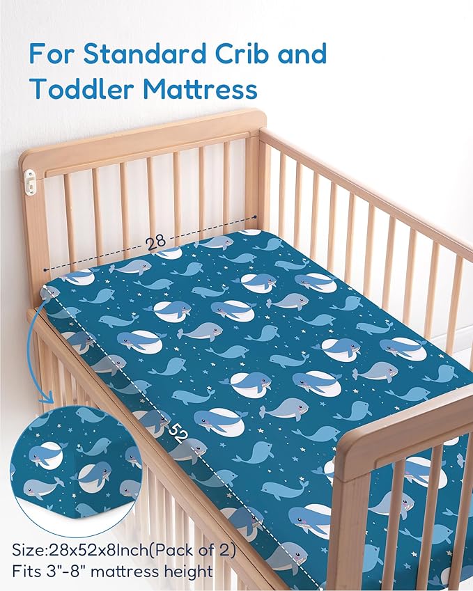 Crib Sheets 2 Pack, Fitted Crib Sheet for Standard Crib Mattress 28x52x9, Ultra Soft Jersey Knit, Breathable Stretchy Deep Pocket, Snug Fit Stays Put, Baby Crib Mattress Sheet