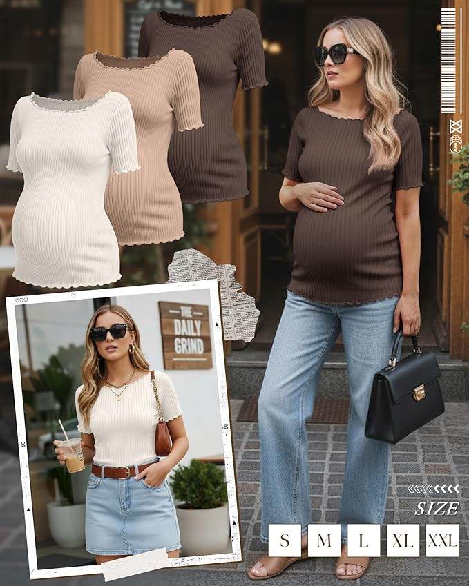 3 Pack Women's Maternity Ribbed Shirts Cotton Short Sleeve Pregnancy Tops Boat Neck Lettuce Trim Mama Clothes