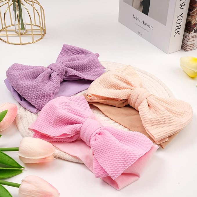 Baby Bow Headbands 3 Pcs Baby Girl Headbands with Bows Soft Nylon Beige/Purple/Pink Headband Bows for Baby Girls, Newborns, Infants