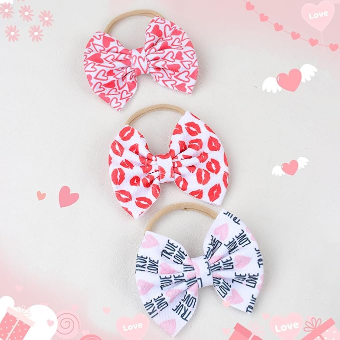 Valentine's Day Baby Headbands Pink Red Love Heart Printed Elastic Nylon Valentines Hairbands for Baby Girls Newborn and Infant 3 Pcs (Valentine's Day- A)