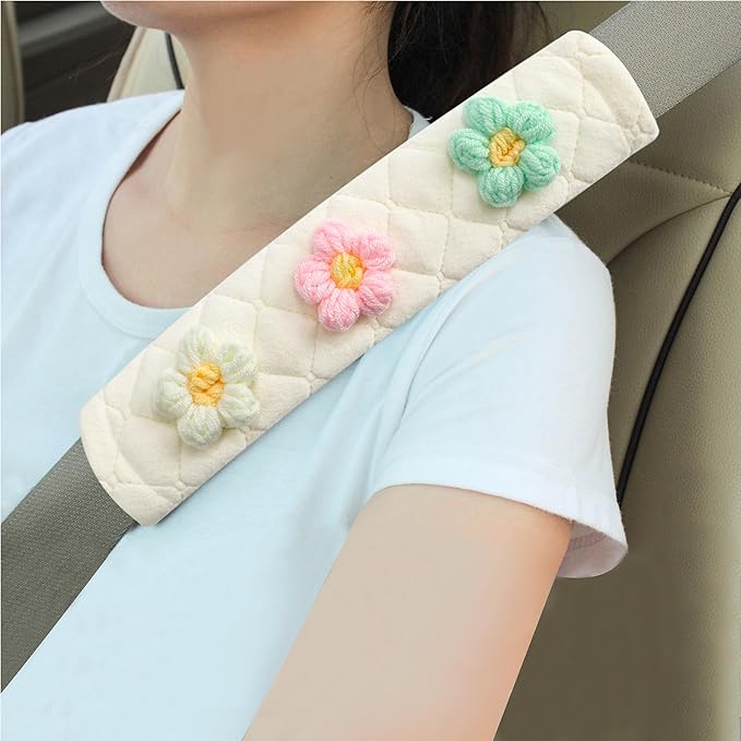 Amooca Soft Auto Seat Belt Cover Seatbelt Shoulder Pad Cushions 2 PCS for a More Comfortable Driving Universal Fit for All Cars and Backpack Off-White Knitted Flower (Green & Pink)