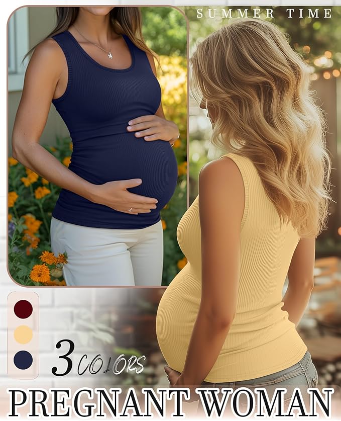 Riyiper 3 Pack Women's Maternity Tank Tops, Sleeveless Cotton Pregnancy Shirts Ribbed Knit Sides Ruched Basic Mama Clothes