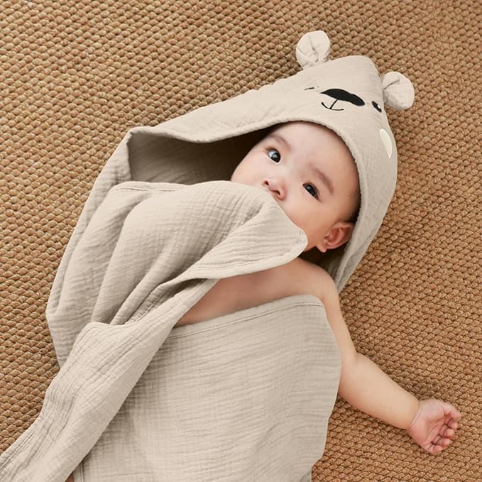 FIOBEE Hooded Baby Towels 100% Muslin Baby Bath Towels for Newborn with Animal Design Ultra-Soft and Absorbent Bath Essentials for Toddler, Unisex Girls Boys 30 x 30 inch, Light Coffee Bear