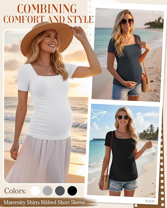 Huukeay 4 Pack Women's Maternity Shirts Cotton Ribbed Short Sleeve Square Neck Pregnancy Tops Side Ruched Summer Tee