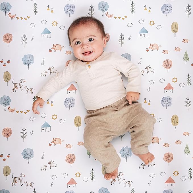 Crib Sheets Neutral - Fitted Baby Crib Sheets Bed for Girl Boy - 2 Pack Standard & Toddler Mattress (Farm Animals) - Buttery Soft Organic Cotton Blend