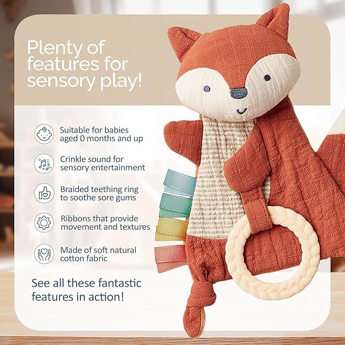 Itzy Ritzy - Bitzy Crinkle Sensory Toy for Babies & Toddlers — Features Crinkle Sound, Soft Braided Teething Toy Ring & Textured Ribbons — Gender Neutral Baby Item for Ages 0 Months & Up, Fox