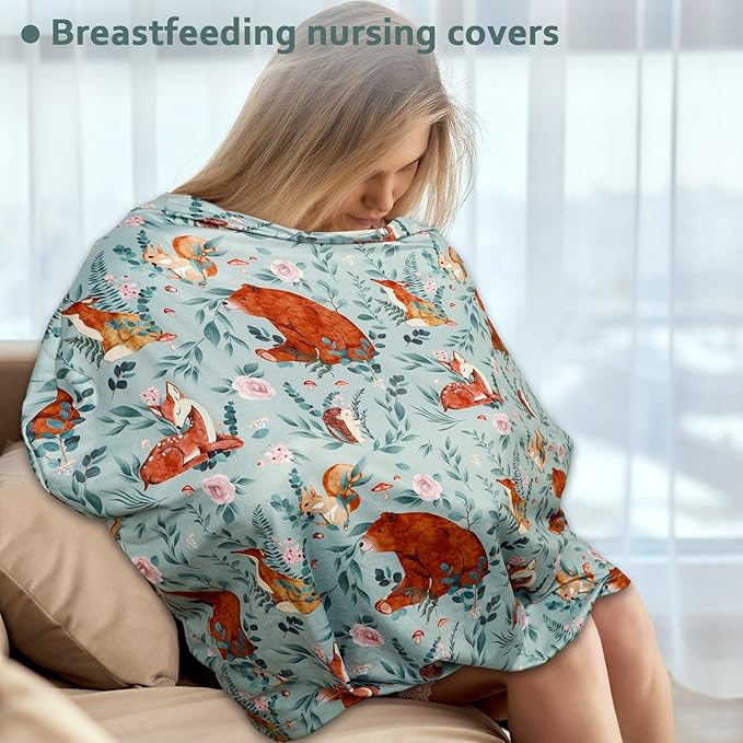 Baby Car Seat Cover, Multi-use Nursing Cover for Breastfeeding, Stretchy Stroller Cover Boys Girls, Stretchy Carseat Canopy, Soft Breathable, Woodland Animal Bear