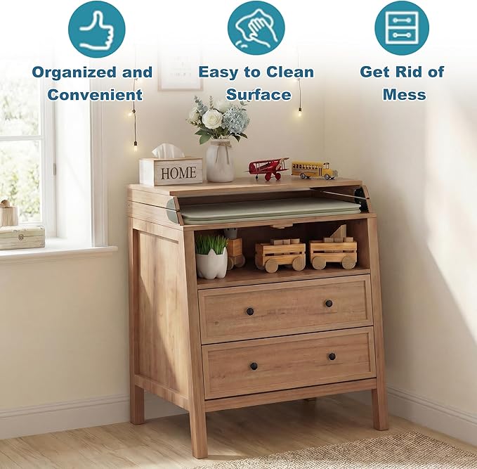 UbabyNest Baby Changing Table with Foldable Tabletop, Baby Dresser with 2 Wide Drawers & Open Storage Space, Modern Diaper Changing Station, Perfect for Nursery, Natural Wood (Pad Not Included)