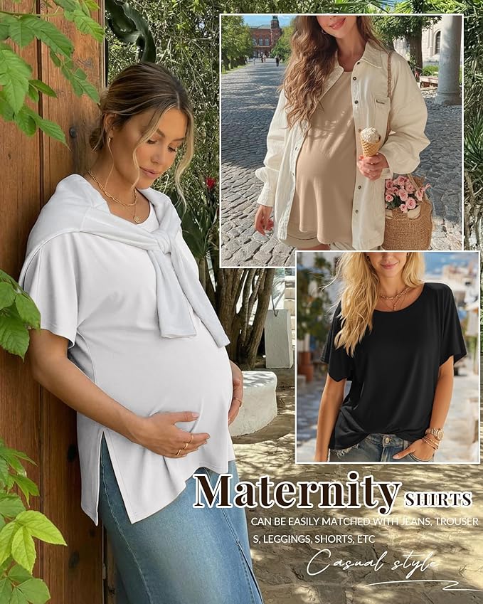 Riyiper 3 Pack Women's Maternity Tunic Shirts Cotton Summer Pregnancy Clothes Loose Oversized Split Side Blouse Tops