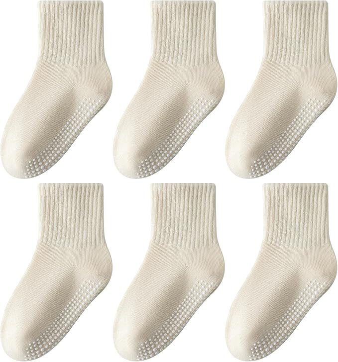 Toddler Grip Socks with Non-Slip, Unisex Baby Retro Stripe Seamless Crew Ankle Cotton Socks for Girls Boys 6 Pairs