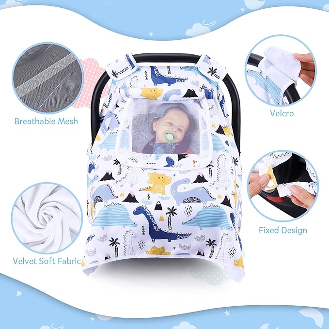 THE KENKYO Car Seat Covers for Babies, Baby Car Seat Cover for Girls Boys, Kick-Proof Newborn Carrier Canopy with Breathable Mesh Peep Window, Windproof Stroller Cover for All Seasons