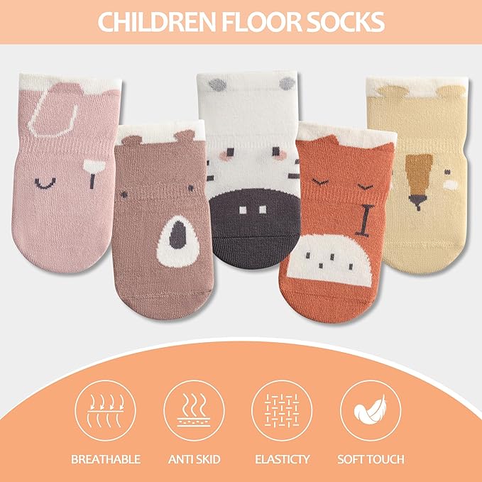 TRUEHAN 5 Pairs Toddler Non Slip Socks with Grips Baby Socks for Kids Girls Boys