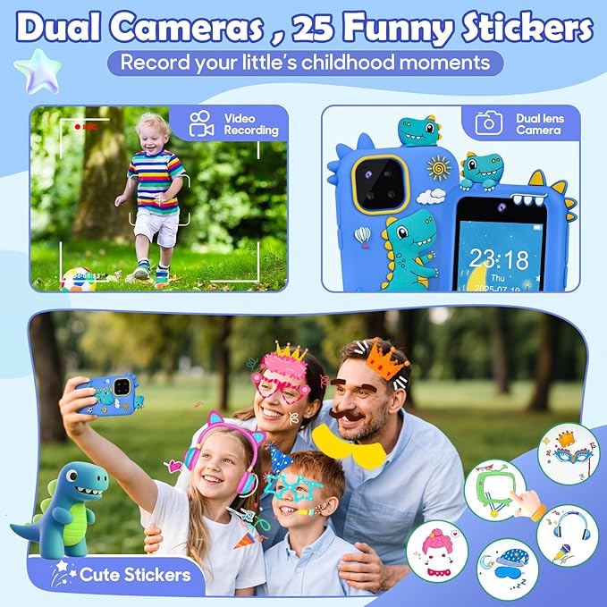 Kids Phone for Boys, Dinosaur Toy Phone Christmas Birthday Gifts for Boy Ages 3-10, Toddler Learning Phones with Touchscreen, 44 Game, Dual Camera, Music Player, 32GB Card & Dino Bag (Blue)
