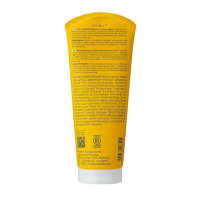 Weleda Baby Calendula 2-in-1 Gentle Shampoo and Body Wash, 6.8 Fluid Ounce, Plant Rich Cleanser with Calendula and Sweet Almond Oil
