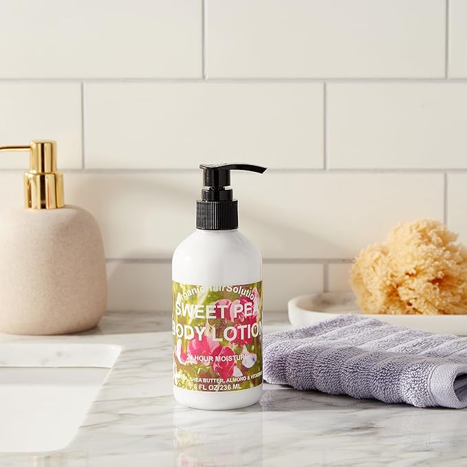 Organic Hair Solution Body Lotion with Soothing Aloe Vera and Vitamin E- Dry Skin, Non-Greasy-Shea Butter, Almond oil- For both Males & Females- Natural Fragrance-Vegan (Sweet Pea)