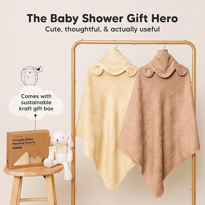 KeaBabies 2-Pack Hooded Baby Towels for Newborn - 35x35 Soft & Absorbent Viscose From Bamboo Baby Bath Towels with Hood for Infant, Toddler, Kids, Boys Girls, Newborn Bath Essentials (Almond, Regular)