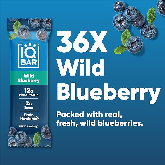 IQBAR Brain and Body Clean Plant Protein Bars - Wild Blueberry - 36 Bars - Keto, Vegan, High Fiber, Gluten and Dairy Free, Low Sugar Snack with Nutrients for Focus, Energy, Meal Replacement