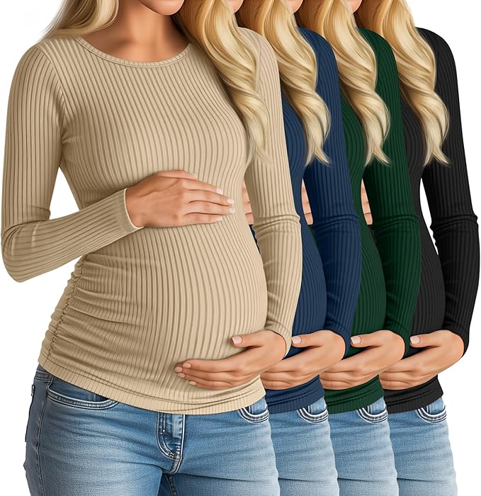 Huukeay 4 Pack Women's Maternity Shirts, Long Sleeve Cotton Ribbed Pregnancy Tops Side Ruched Crew Neck Casual Mama Clothes