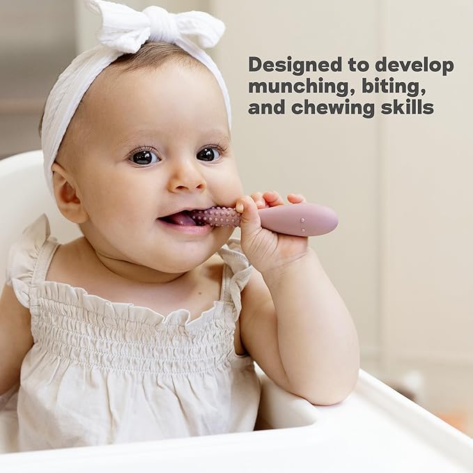 ezpz Oral Development Tools (3 Pack in Pewter) - 3 Months+ - Non-Slip Loop, Smile and Stick 100% Silicone Tools - Prepare for Chewing + Solids - Baby-Led Weaning Supplies