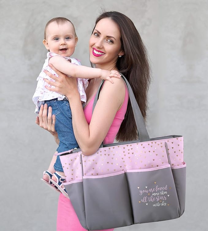 Baby Essentials Diaper Bag Tote 5 Piece Set with Sun, Moon, and Stars, Wipes Pocket, Dirty Diaper Pouch, Changing Pad (Grey/Pink)