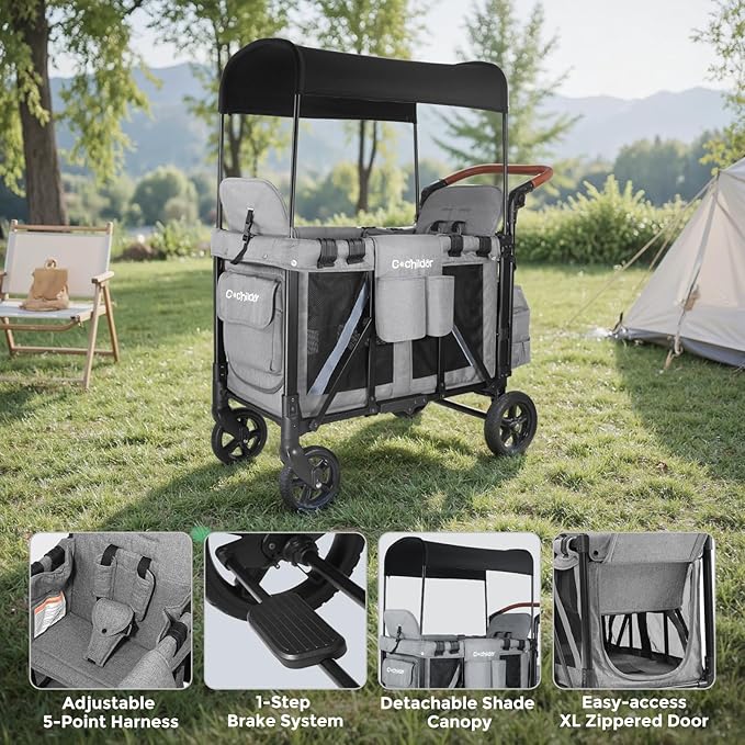 Elite 2 Seater Wagon Stroller for Kids, Foldable Stroller Wagon with Removable Seats & Canopy, 5-Point Safety Harness, Adjustable Handle, Light Grey