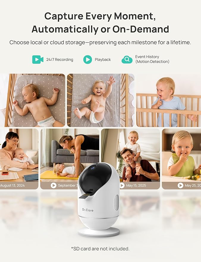 Dr.Care VistaView 5” Smart WiFi Baby Monitor - 2K Camera App Control & 1080P Split Screen, Cry & Motion Detection, Pan-Tilt-Zoom, Night Vision, Video Recording, Triple Security, 2-Way Audio, 5000mAh
