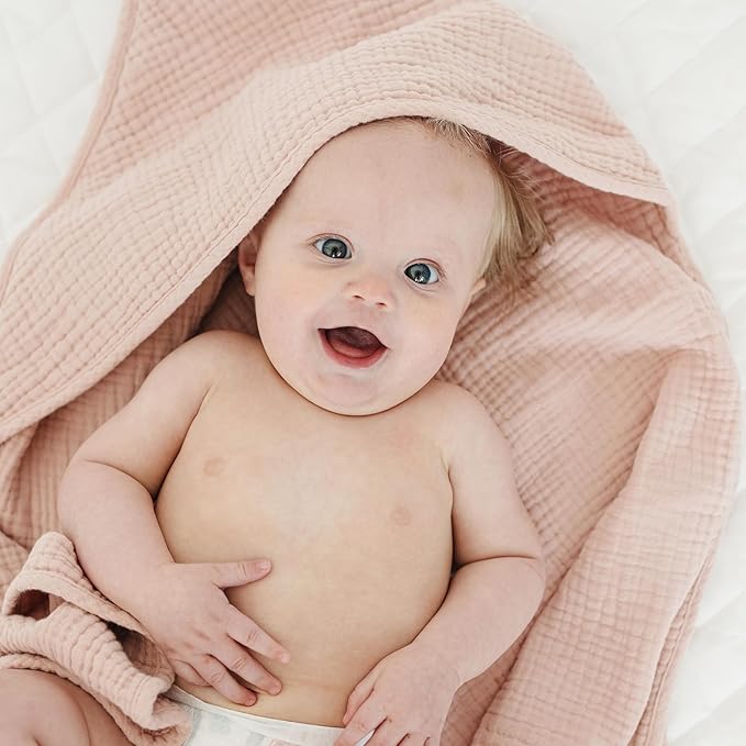 Hooded Baby Bath Towels, 100% Muslin Cotton Baby Girl Towels with Hood for Neutral Newborn Infants, Soft & Absorbent, Large Size - 32 * 32 Inches (Ivory & Pink)