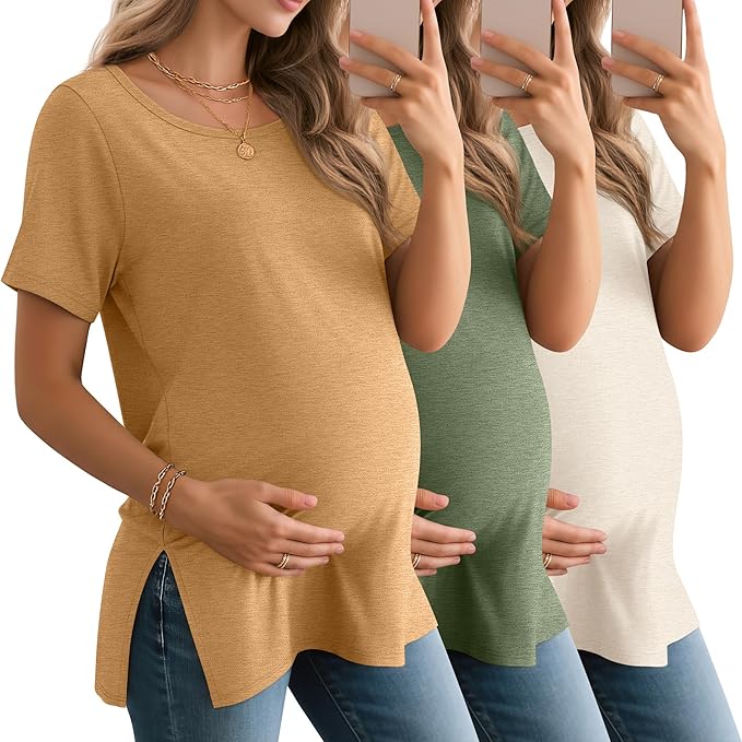 3 Pack Women's Maternity Shirts Short Sleeve Round Neck Side Split Pregnancy Tops Loose Summer Casual Mama Clothes