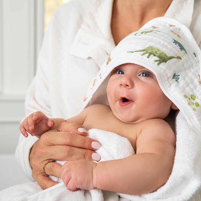 aden + anais Essentials Hooded Baby Bath Towel, Super Soft 100% Cotton, 2 Pack, Dino Jungle