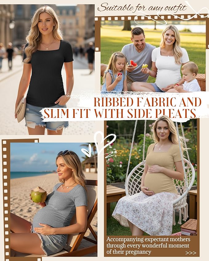 Huukeay 4 Pack Women's Maternity Shirts Cotton Ribbed Short Sleeve Square Neck Pregnancy Tops Side Ruched Summer Tee
