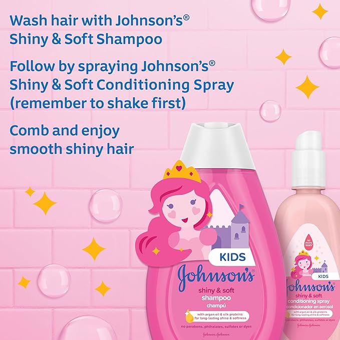 Johnson's Kids Shiny & Soft Hair Conditioning Spray with Argan Oil & Silk Proteins, Tear-Free Conditioning Spray for Shine & Softness, Gentle for Toddler Haircare, 10 fl. oz