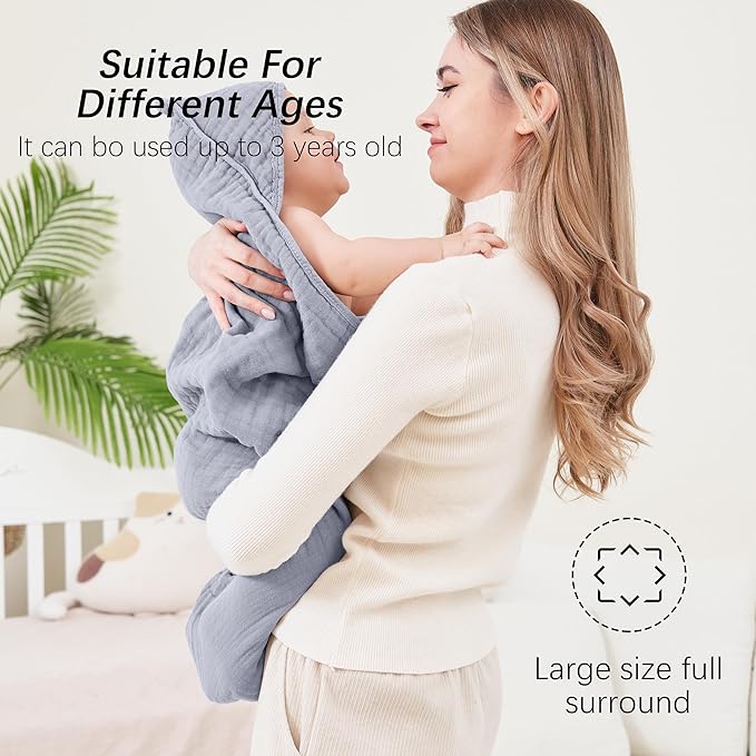 SWEET DOLPHIN Muslin Hooded Baby Bath Towels - 2 Pack 100% Cotton Towel for Babies, Infants, Toddlers - 32x32Inch - Highly Absorbent and Newborn Essential, Green and Grey