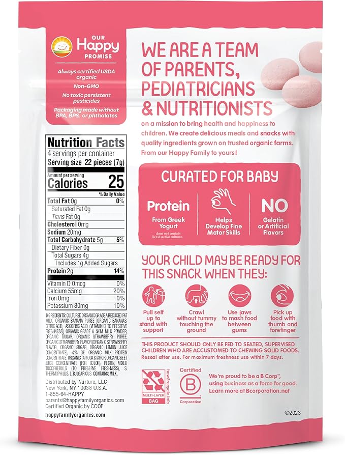 Happy Baby Organics Baby Snacks, Greek Yogis, Freeze Dried Yogurt & Fruit Snacks, Gluten Free Snack for Babies 9+ Months, Strawberry & Banana, 1 Ounce