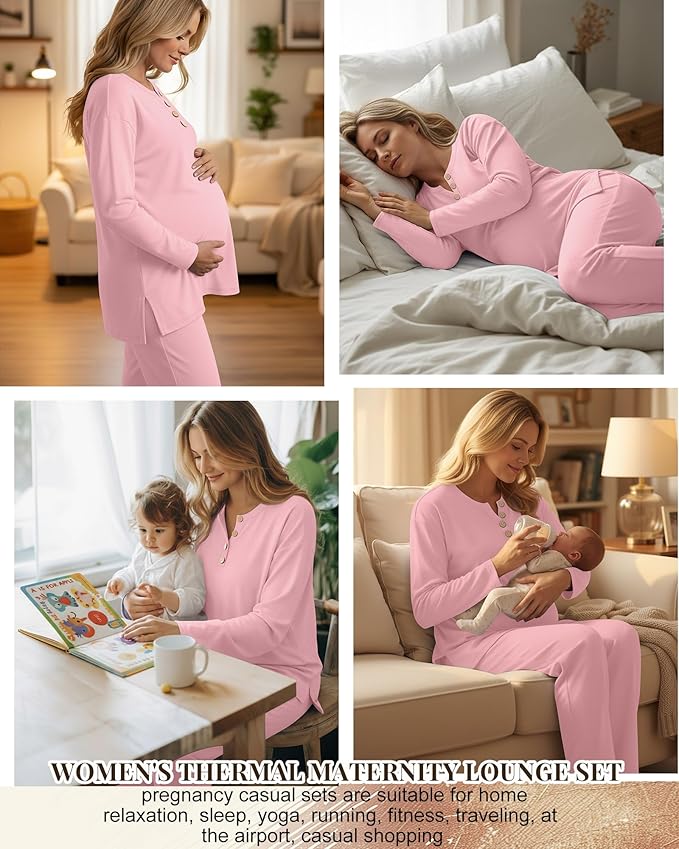 2 Piece Thermal Maternity Lounge Set Postpartum Pregnancy Fleece Loungewear Long Sleeve Top and Wide Leg Pant