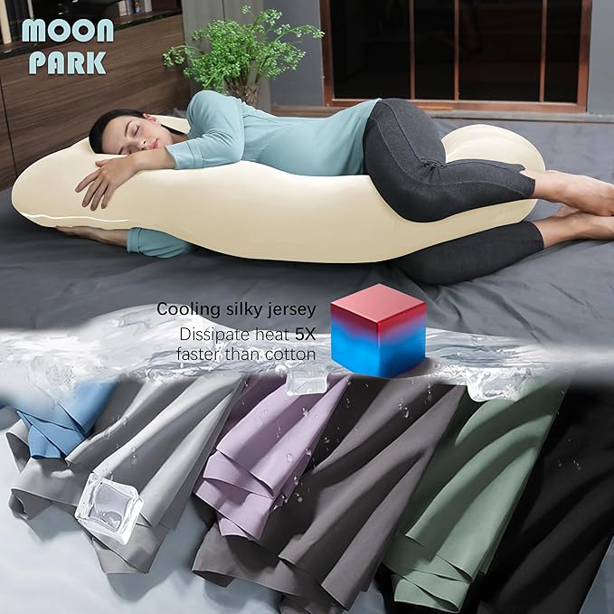 MOON PARK Pregnancy Pillows for Sleeping - U Shaped Full Body Maternity Pillow with Removable Cover - Support for Back, Legs, Belly, Hips - 57 Inch - Ivory - Cooling Cover